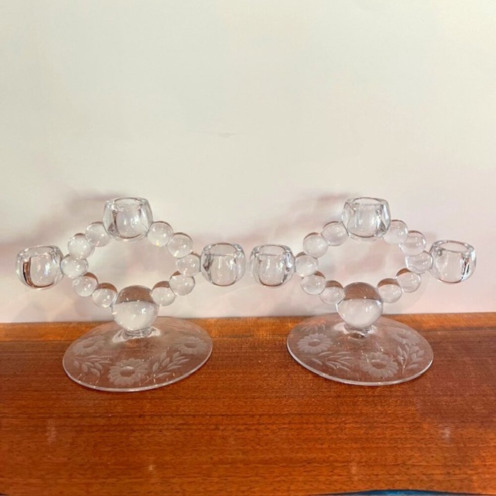 Pair of Vintage Hughes Cornflower Imperial Tri (3) Tier Bubble Candle Holders